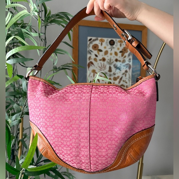 Vintage Y2K Coach Pink and Tan Hobo Monogram Bag - Picture 2 of 8